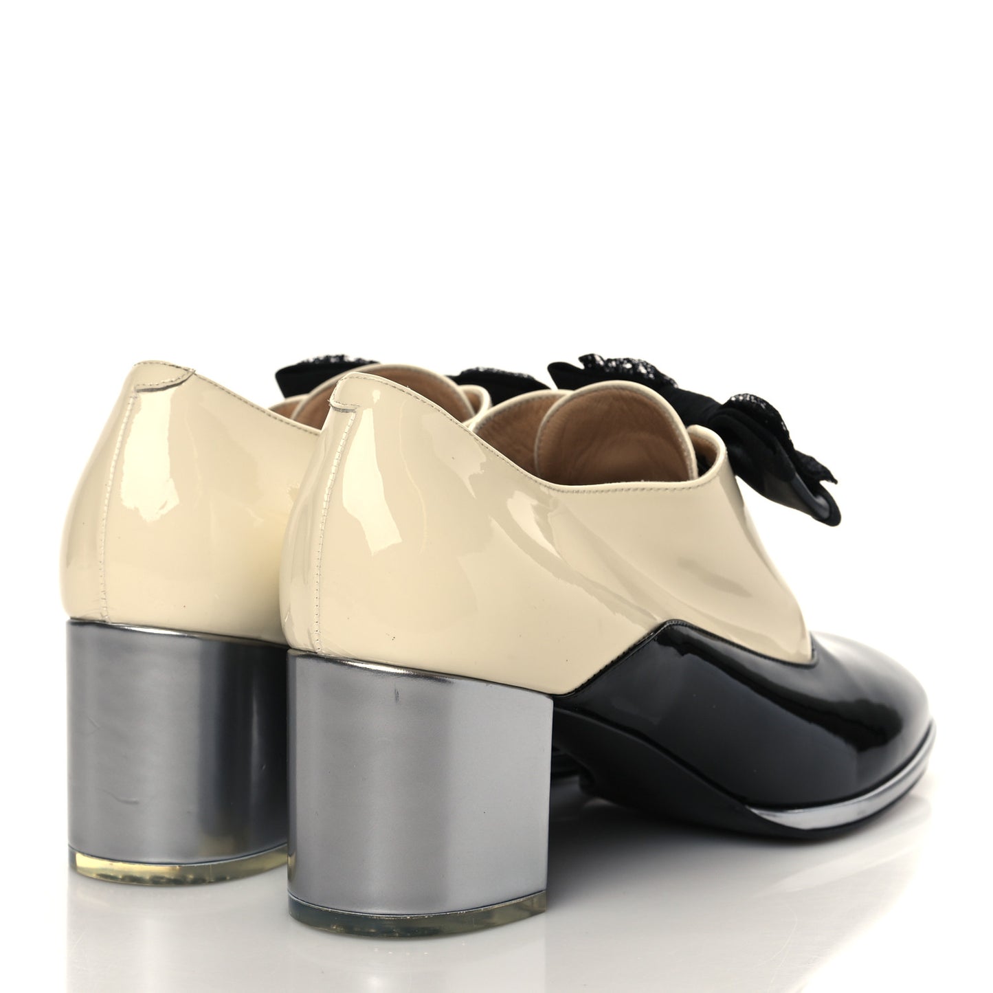 Patent Calfskin CC Bow Lace Up Oxford Pumps 39 Beige Black