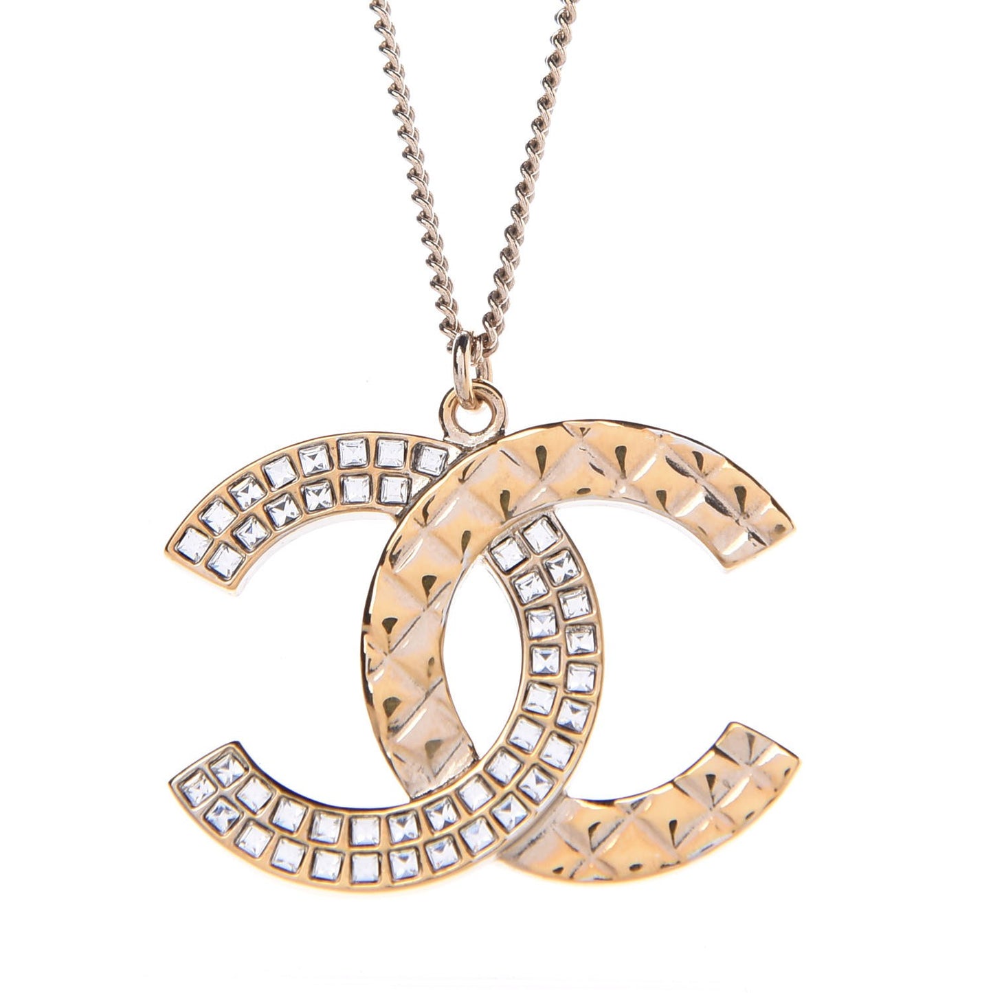Baguette Crystal Quilted CC Pendant Necklace Gold