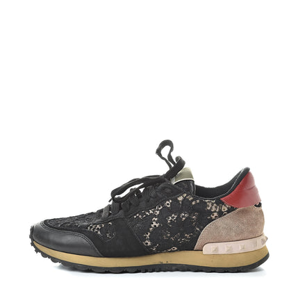 Valentino Garavani Macrame Lace Suede Womens Rockrunner Sneakers 38 Black 1 of 14