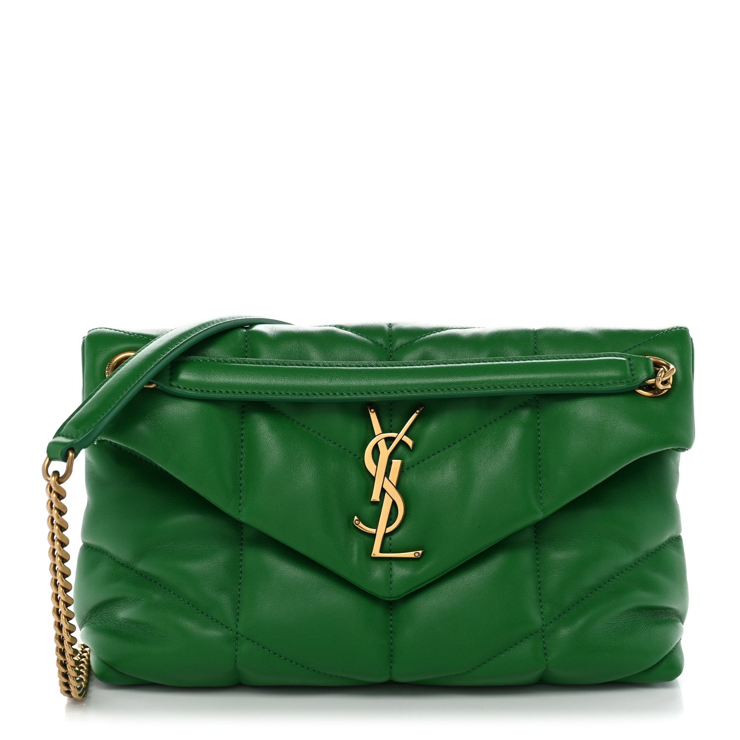 Saint Laurent Lambskin Quilted Small Loulou Puffer Monogram Chain Satchel New Vert 1 of 11
