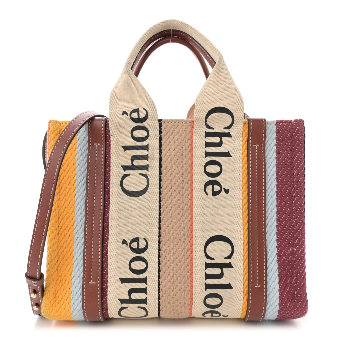 Cotton Calfskin Small Woody Striped Ribbon Tote Multicolor