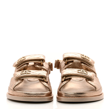 Chanel Iridescent Lambskin Quilted Velcro Dad Sandals 37 Light Bronze 2 of 9
