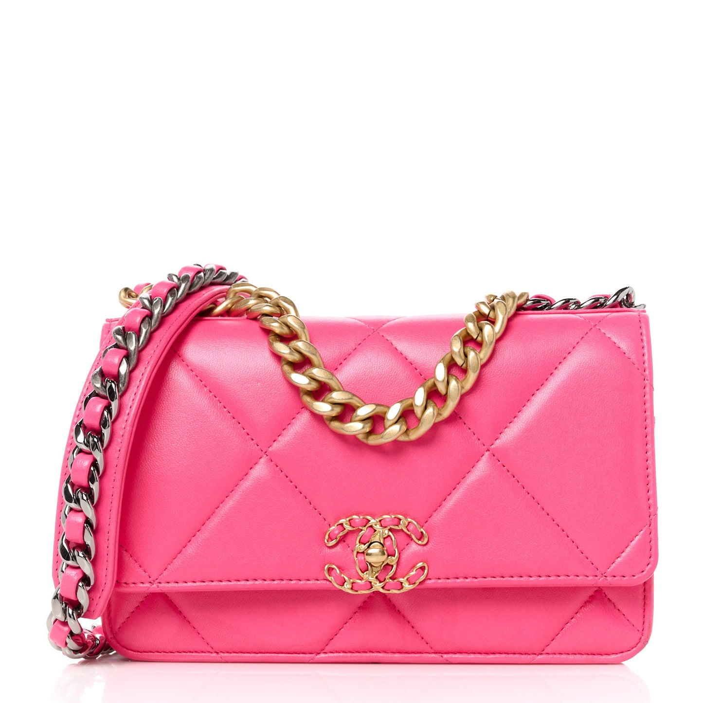 Lambskin Quilted Chanel 19 Wallet On Chain WOC Dark Pink