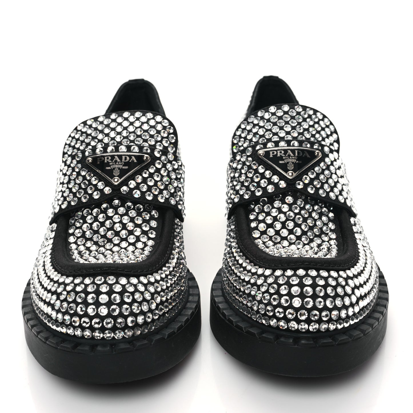 Satin Crystal Metal Triangle Logo 50mm Loafers 38 Cristal