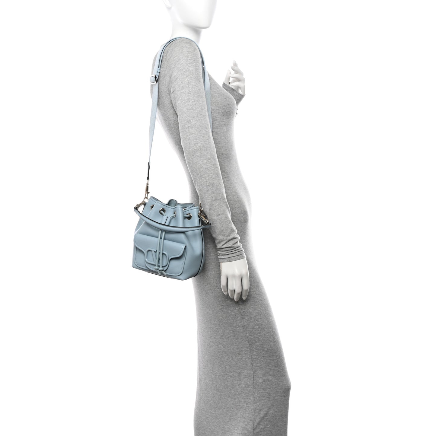 Calfskin Vlogo Small Loco Drawstring Bucket Bag Light Blue