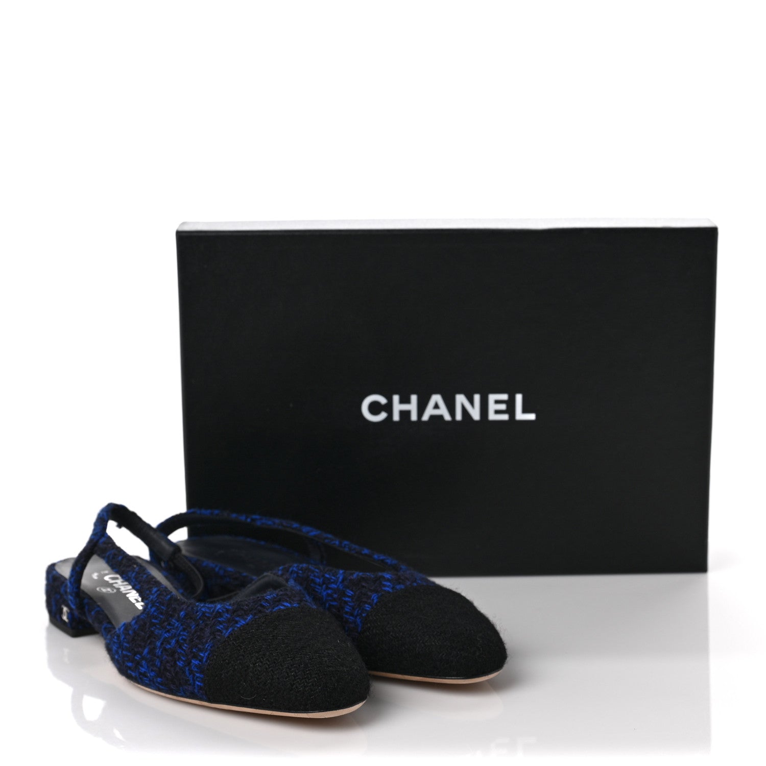CHANEL ネイビー ツイード パンプス Chanel Tweed Cap Toe Slingback Flats 39 Blue Black 1116185