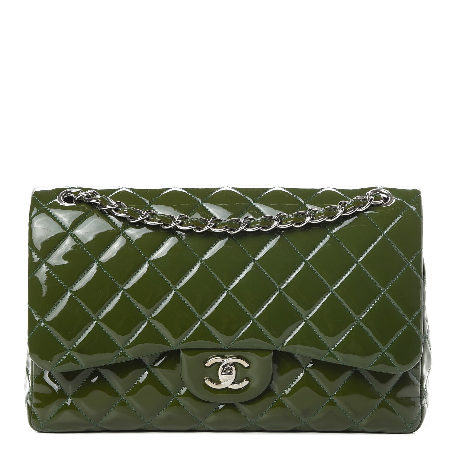 Chanel Patent Calfskin Quilted Jumbo Double Flap Green 1 of 15