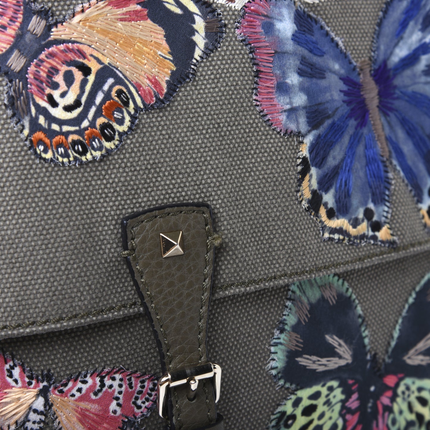 Canvas Butterfly Embroidered Rockstud Messenger Bag Military Green