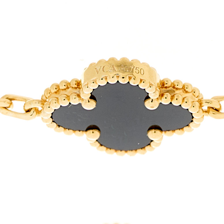 18K Yellow Gold Black Onyx 5 Motifs Vintage Alhambra Bracelet