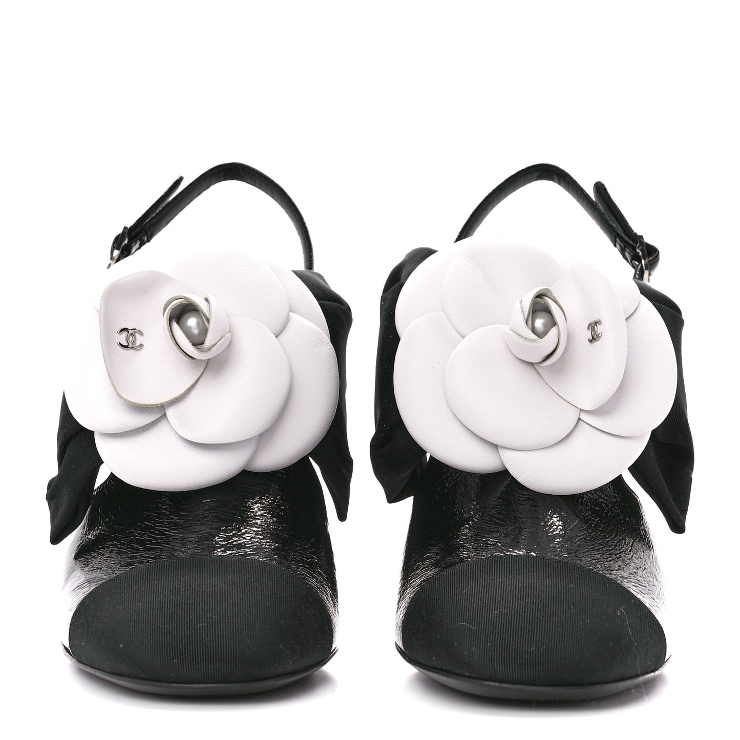 Crumpled Shiny Fabric Grosgrain Cap Toe Camellia Bow Slingback Pumps 37 Black