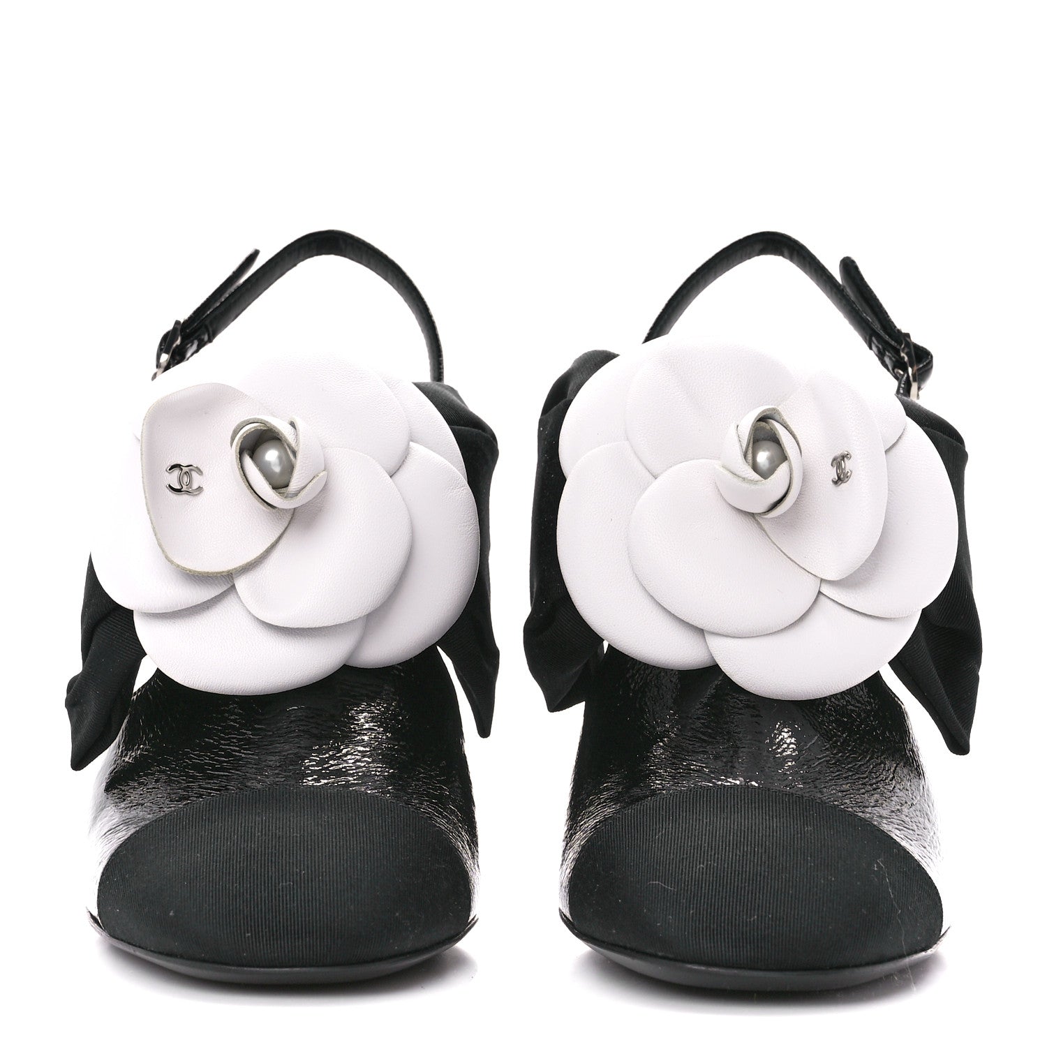 Chanel Crumpled Shiny Fabric Grosgrain Cap Toe Camellia Bow Slingback Pumps 37 Black 2 of 9