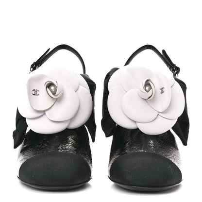 Chanel Crumpled Shiny Fabric Grosgrain Cap Toe Camellia Bow Slingback Pumps 37 Black 2 of 9