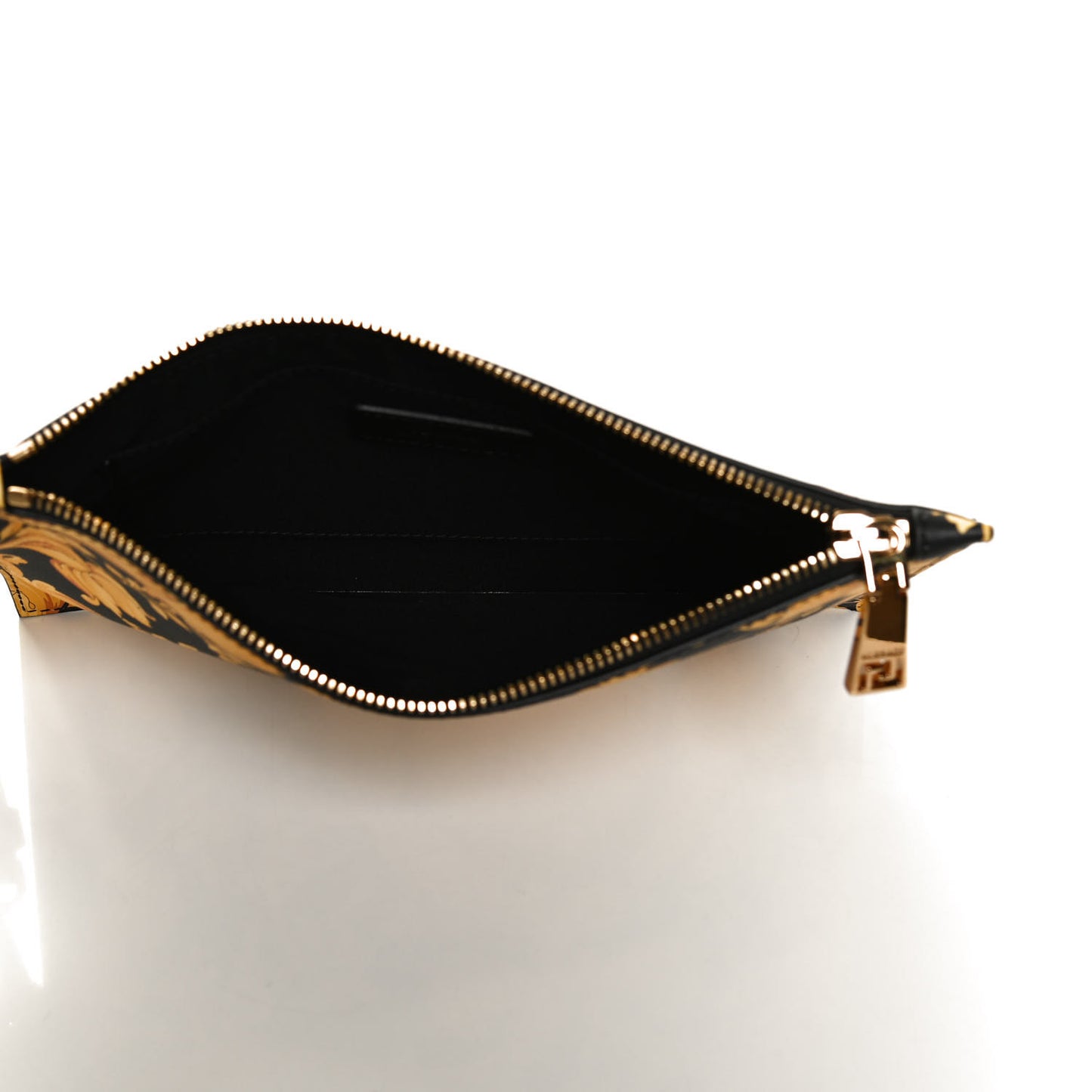 Vitello Baroque Print Wristlet Pouch Black Gold