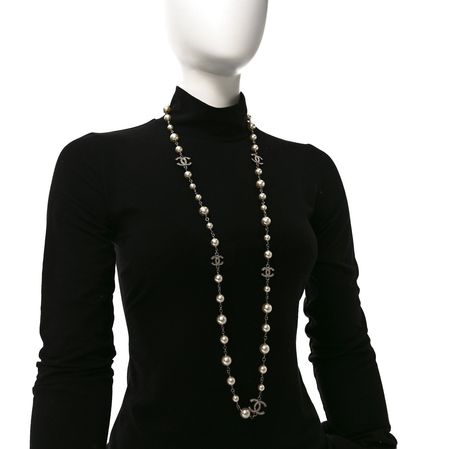 Chanel Graduated Pearl Crystal CC Long Necklace Silver 2 of 5