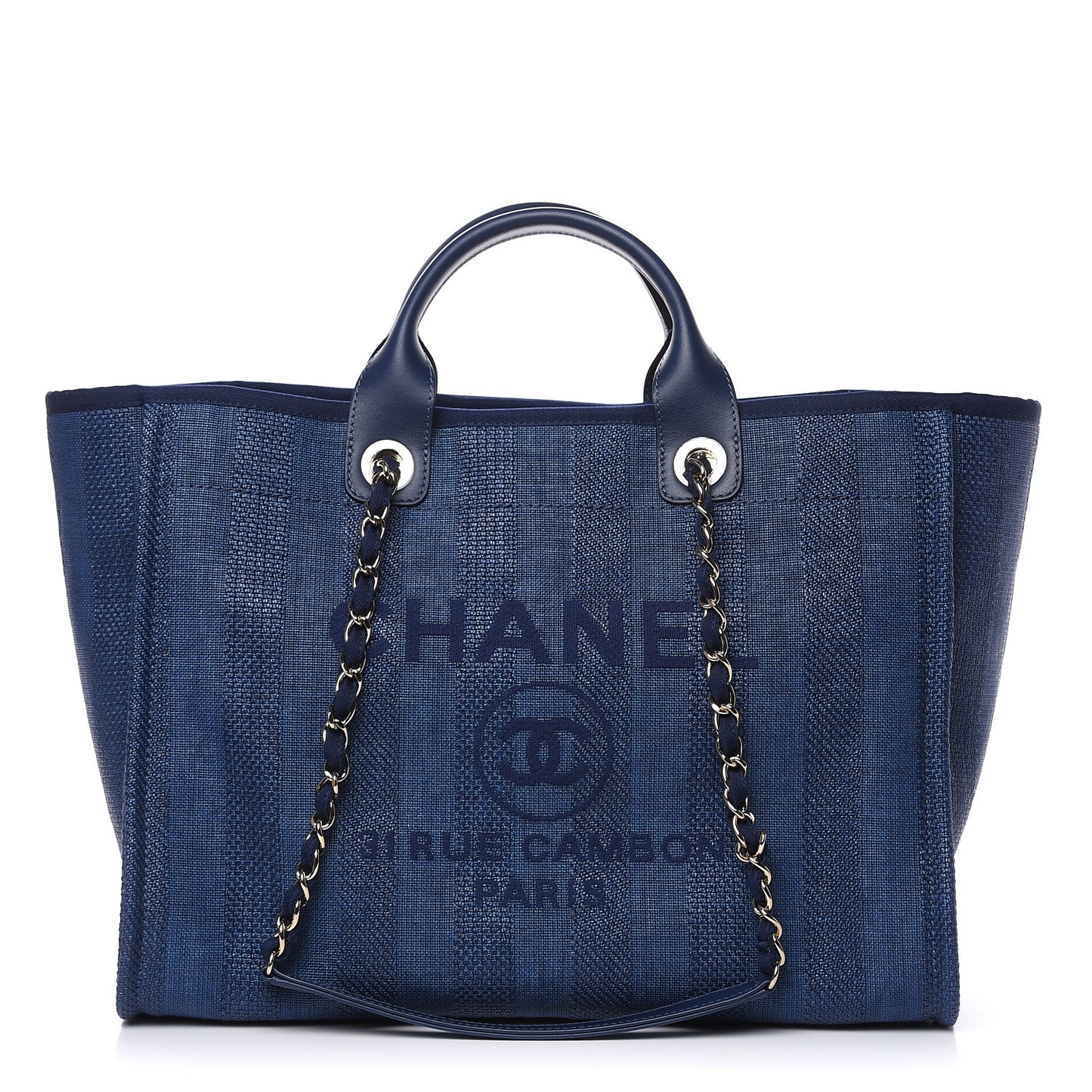 Woven Straw Raffia Striped Large Deauville Tote Navy Blue