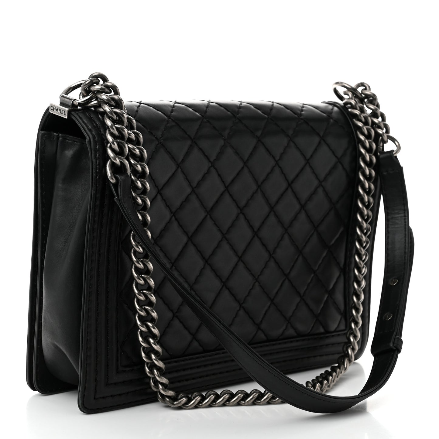 Calfskin Double Stitch Large Boy Flap Black