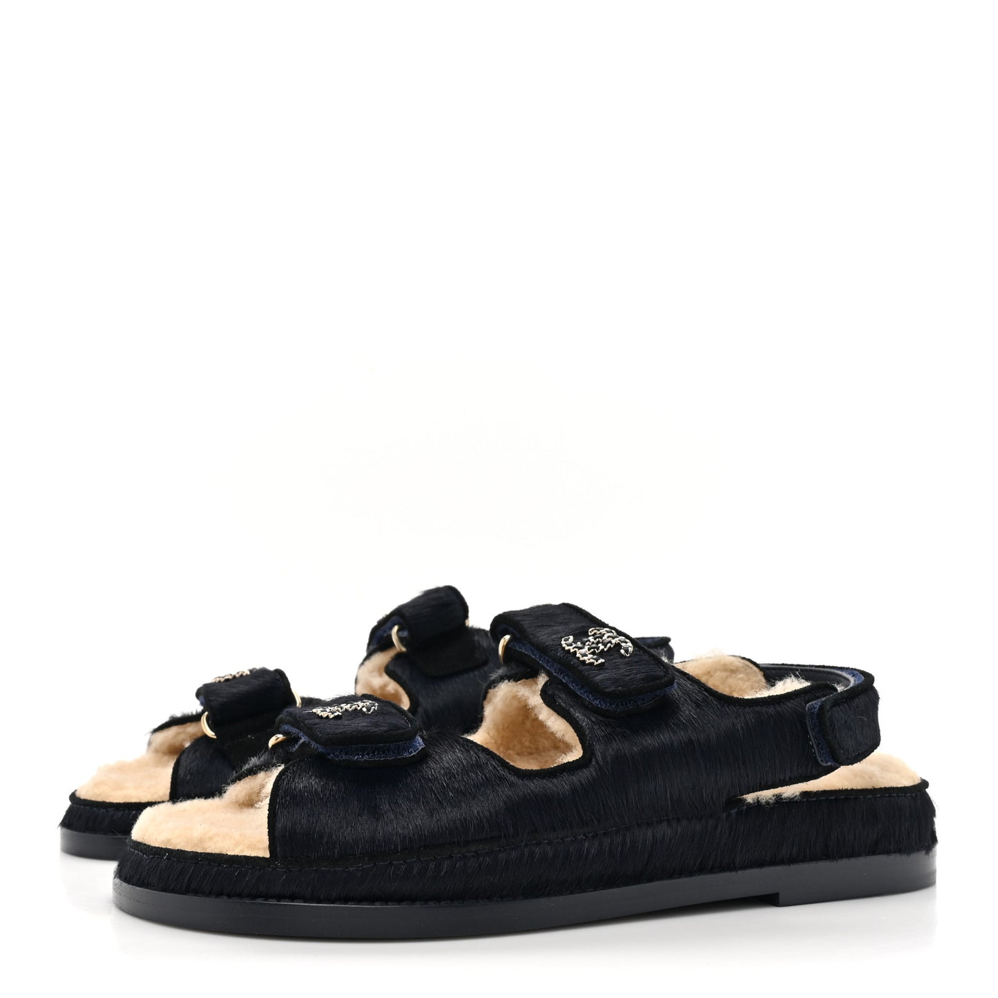 Calfskin Hair Suede Shearling Dad Sandals 37.5 Navy Black