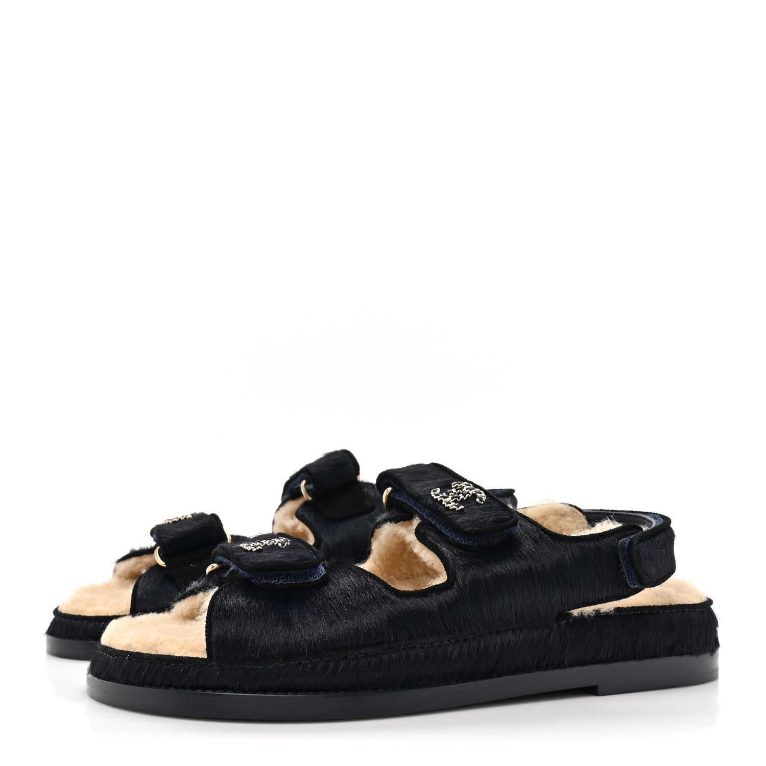 Chanel Calfskin Hair Suede Shearling Dad Sandals 37.5 Navy Black 3 of 9
