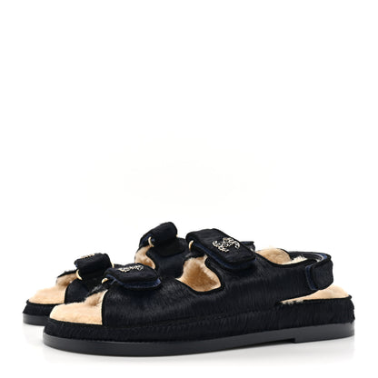 Chanel Calfskin Hair Suede Shearling Dad Sandals 37.5 Navy Black 3 of 9