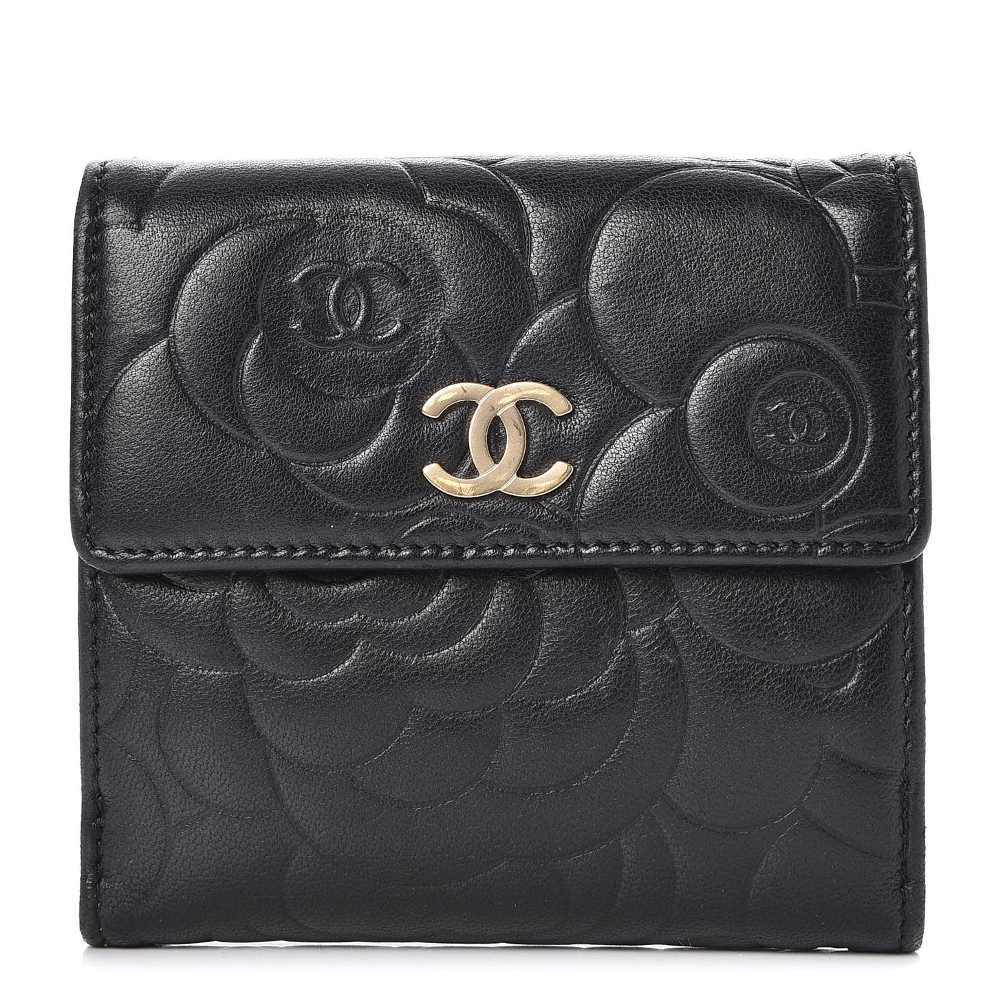 Lambskin Camellia Embossed Small Double Wallet Black