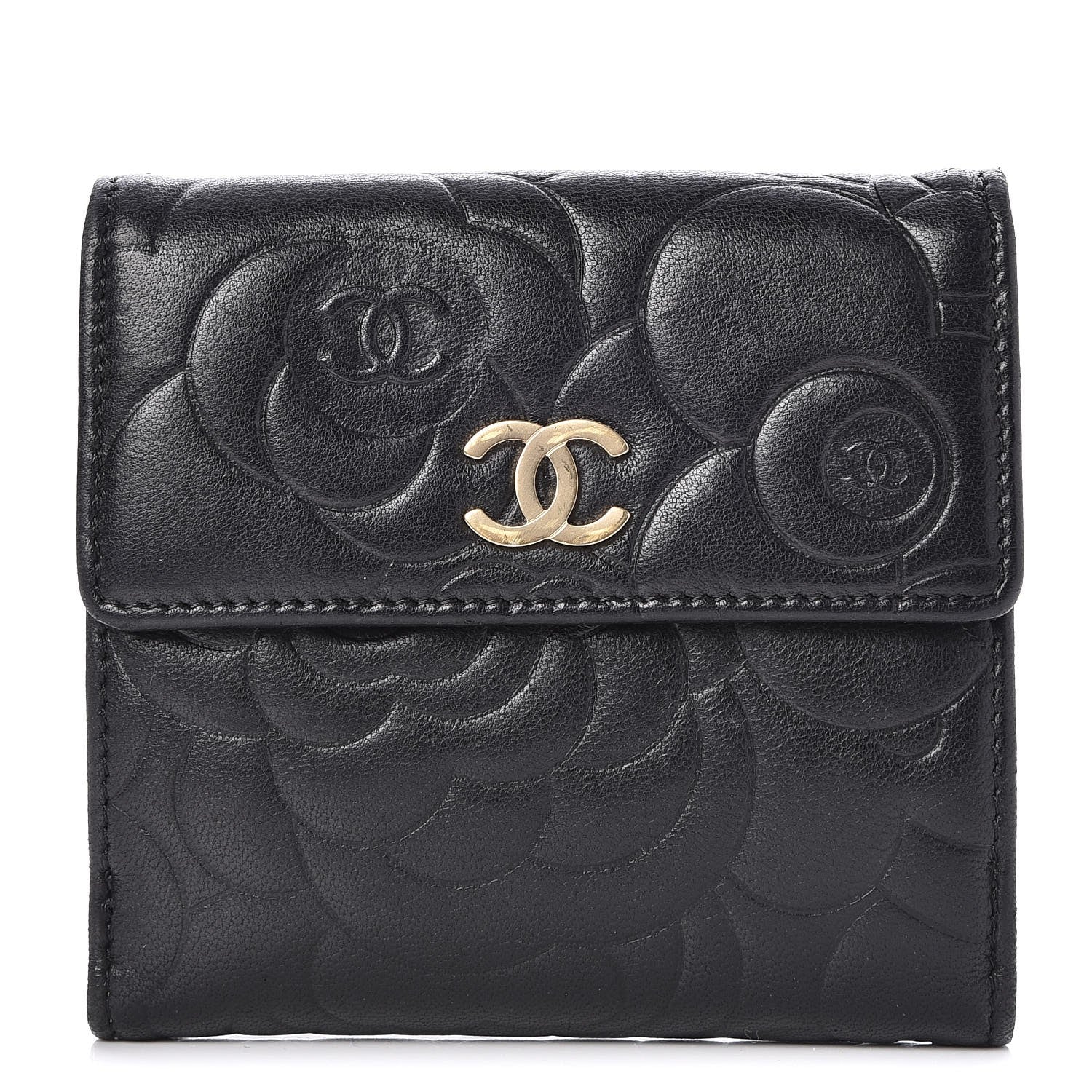 Chanel Lambskin Camellia Embossed Small Double Wallet Black 1 of 10
