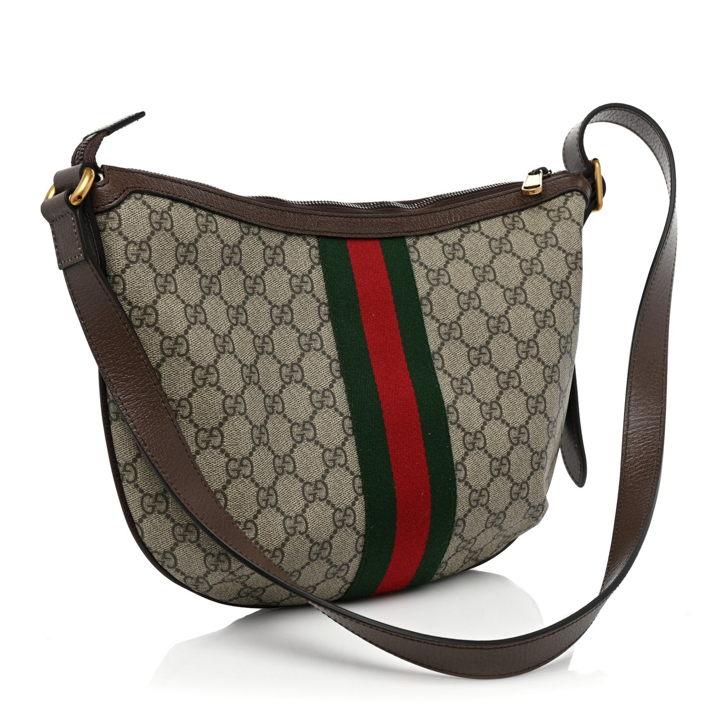 GG Supreme Monogram Textured Dollar Calfskin Web Small Ophidia Half Moon Hobo Beige Ebony New Acero
