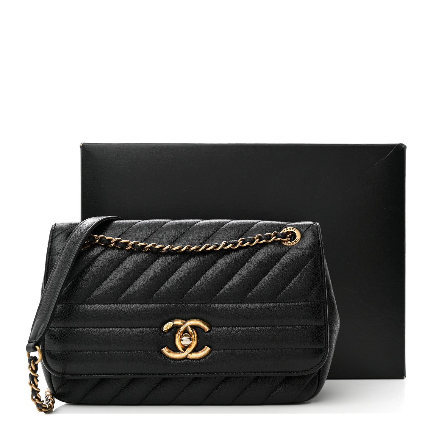Shiny Goatskin Diagonal Quilted Small Flap Black