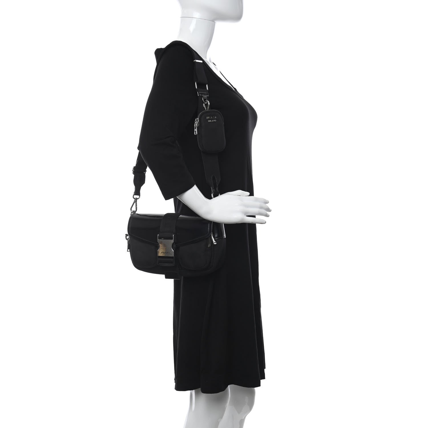 Prada Re-Nylon Spazzolato Double Pocket Buckle Shoulder Bag Black 2 of 11