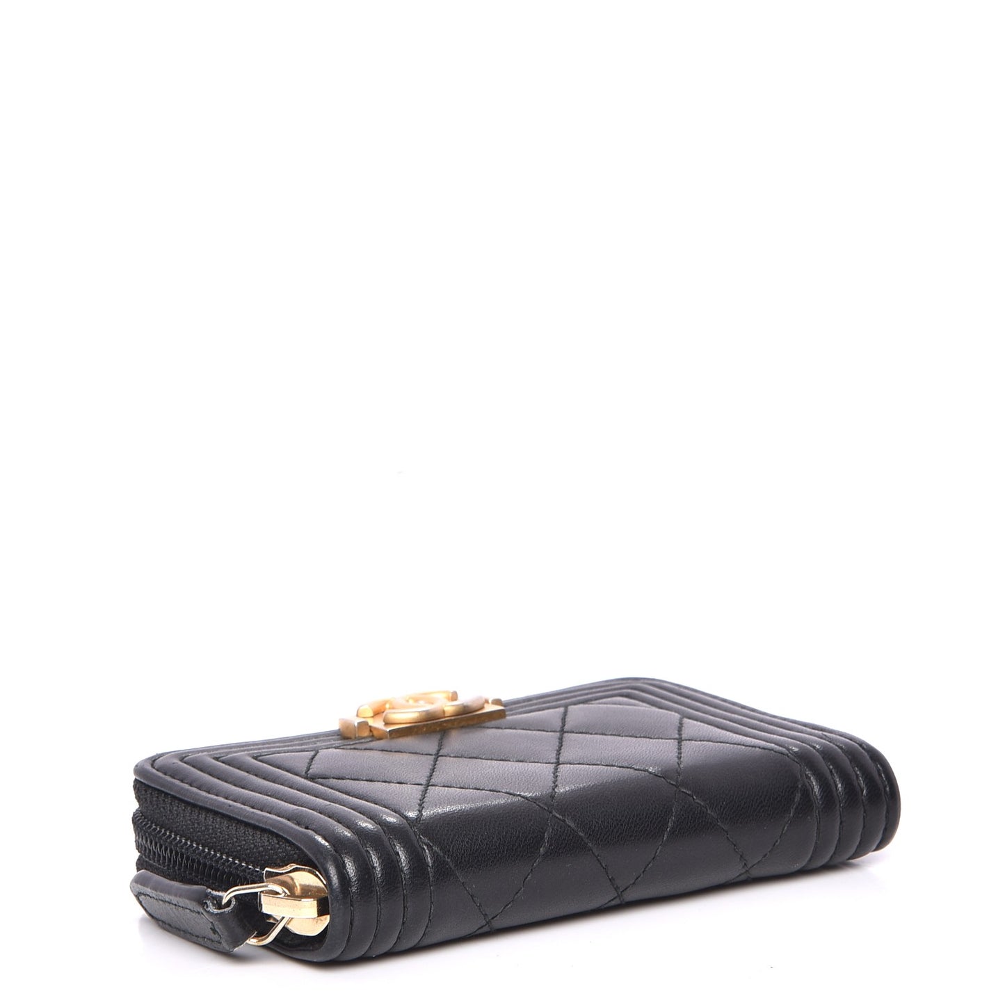 Lambskin Quilted Zip Around Boy Coin Purse Wallet Black