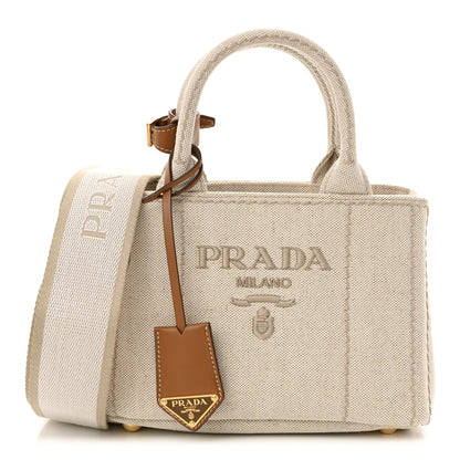 Prada Linen Vitello Mini Logo Tote Natural 1 of 10