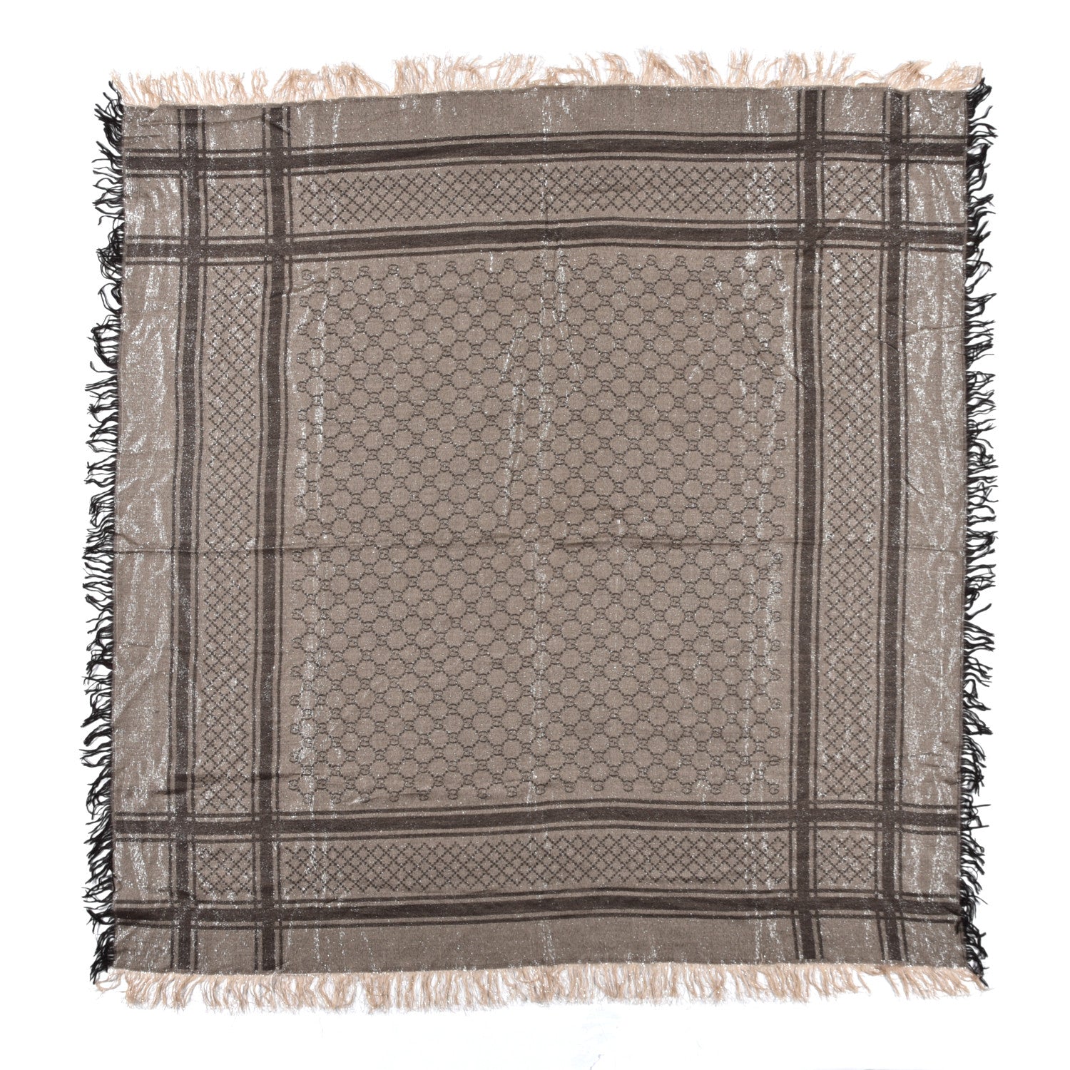 Gucci Wool Silk GG Monogram Diamante Plaid Surviee Shawl Beige Dark Brown 1 of 3