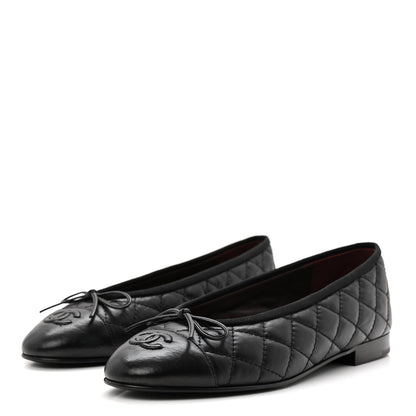 Chanel Aged Calfskin Quilted CC Cap Toe Ballerina Flats 37 Black 4 of 10