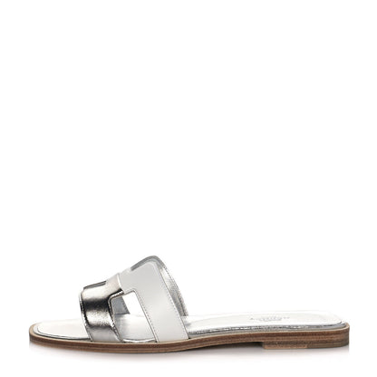 Hermes Metallic Nappa Box Oran Sandals 36.5 White Gris Argente 1 of 9