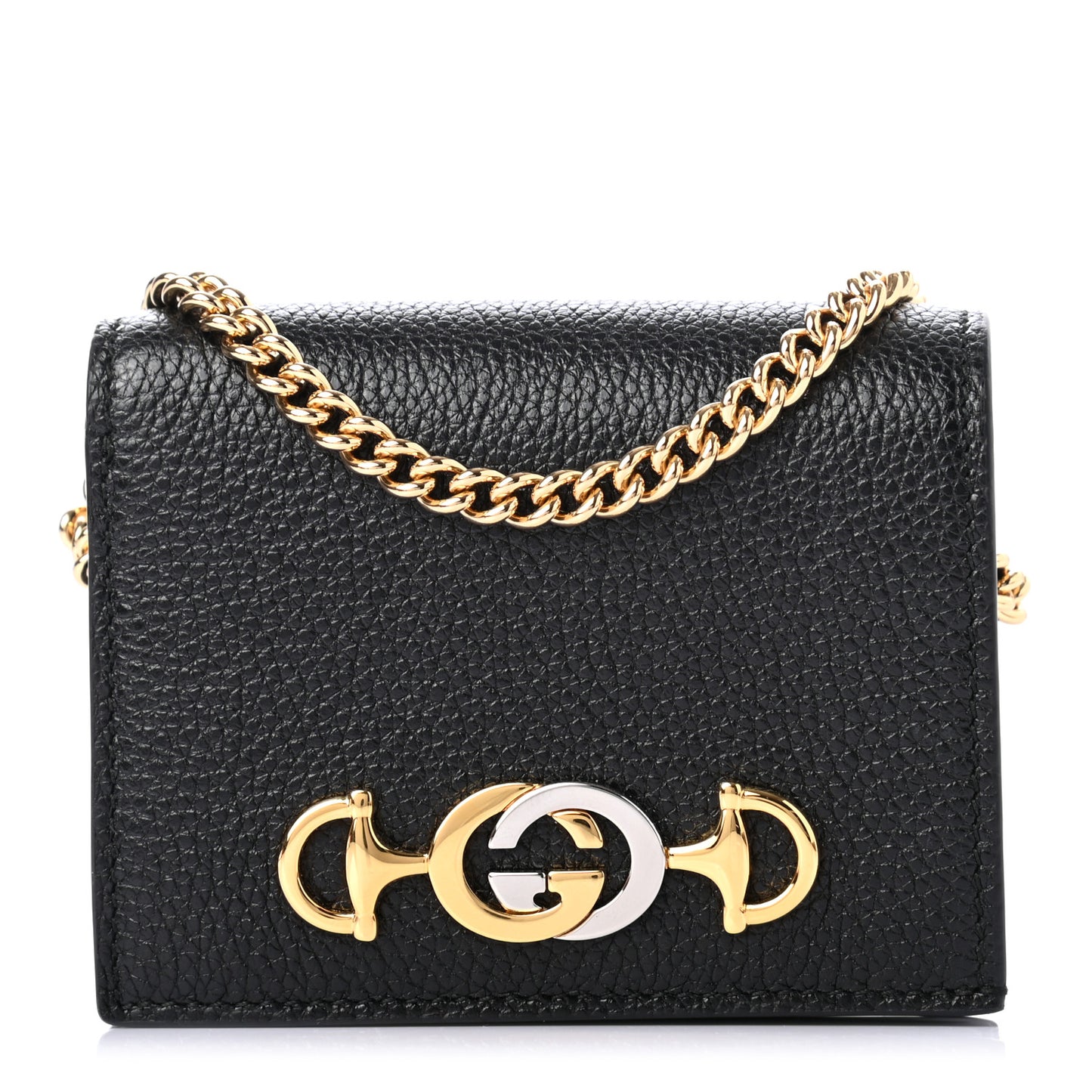 Grainy Calfskin Zumi Chain Card Case Wallet Black