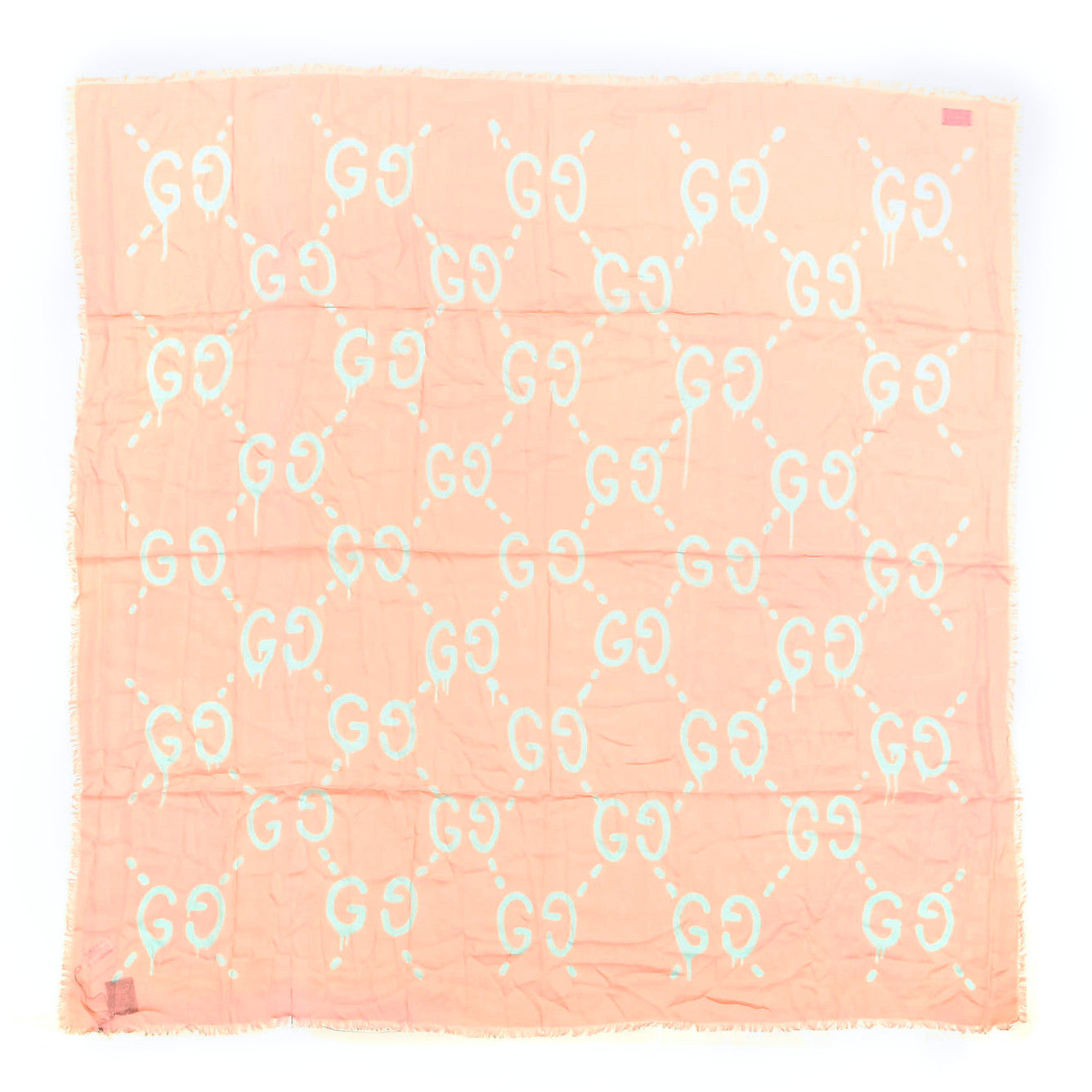 Gucci Modal Silk GG Writers Fringe Shawl Old Rose Sky Blue 1 of 3