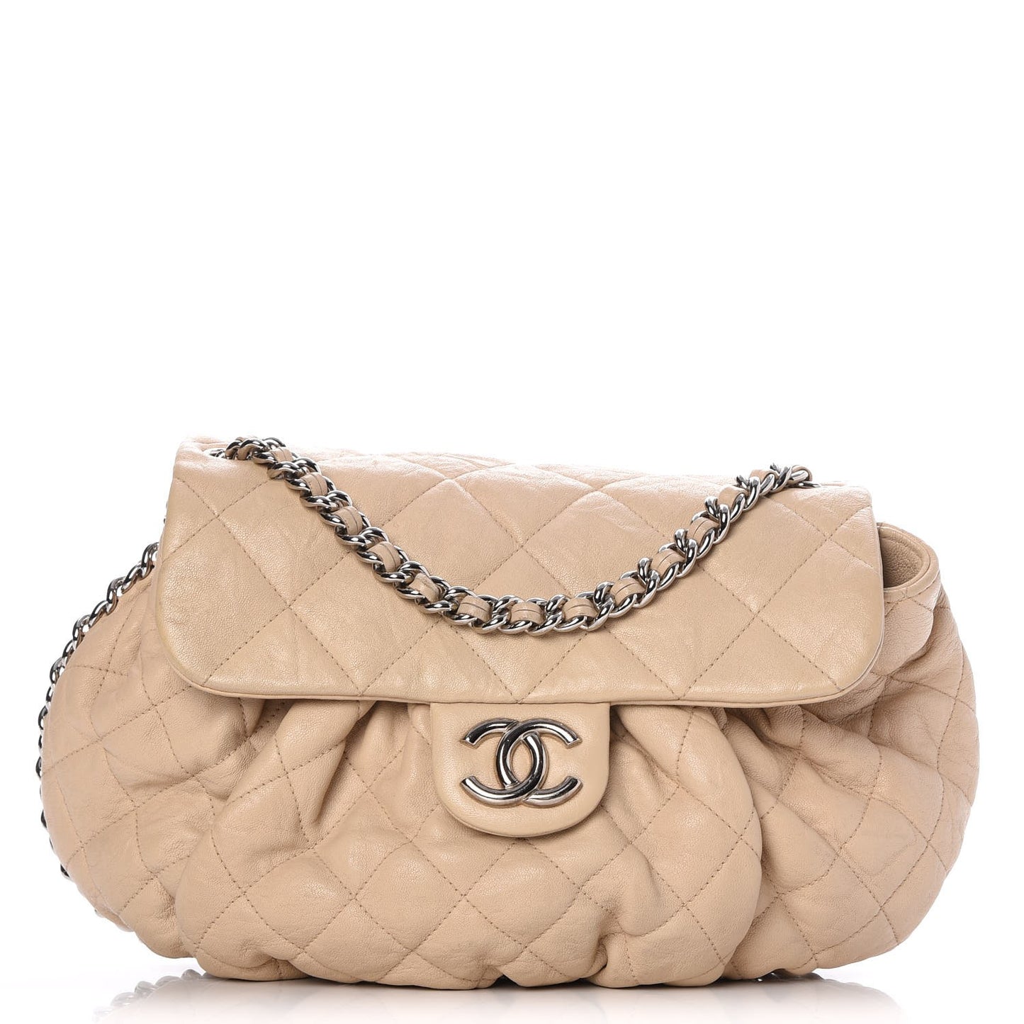 Washed Lambskin Quilted Medium Chain Around Messenger Light Beige