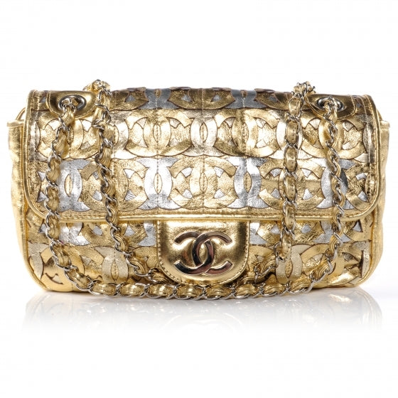 Chanel Calfskin Crackled CC Mix Medium Flap Gold Silver 1 of 9