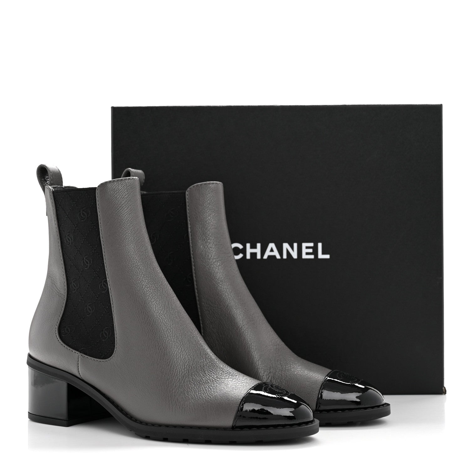 Chanel Calfskin Patent Cap Toe CC Short Boots 39 Grey Black