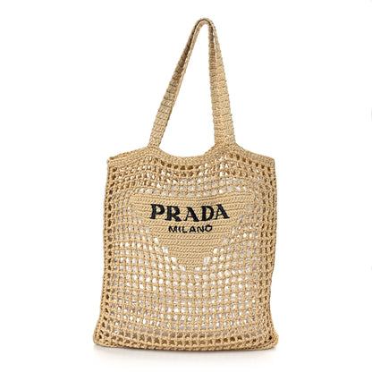 Prada Yarn Raffia Effect Crochet Logo Embroidered Tote Bag Naturale 1 of 8