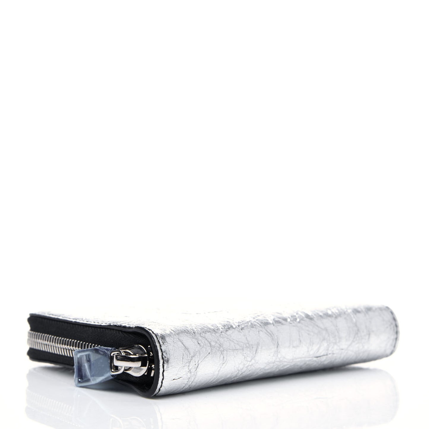 Metallic Crinkled Calfskin Zip Compact Wallet Silver