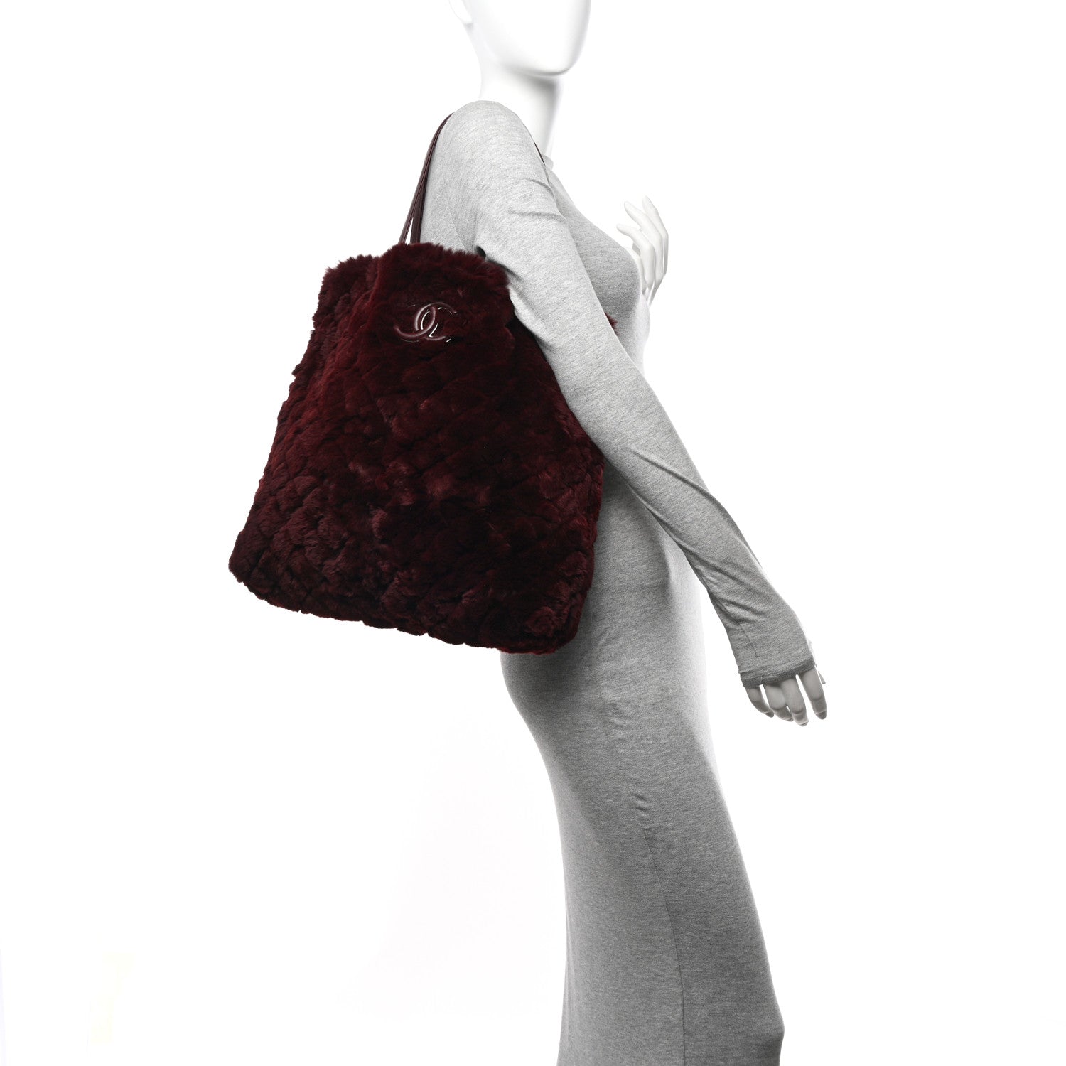 Chanel Rabbit Fur Quilted Pattern Shopping Tote Burgundy 2 of 11