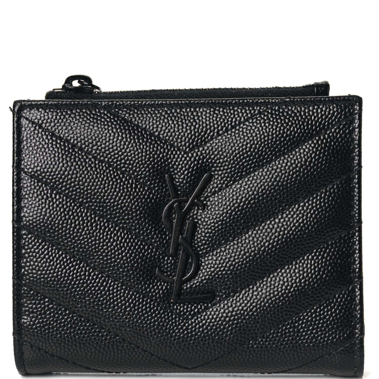 Saint Laurent Grain De Poudre Matelasse Chevron Monogram Zipped Card Case Black 7 of 13