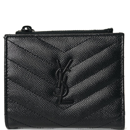 Saint Laurent Grain De Poudre Matelasse Chevron Monogram Zipped Card Case Black 7 of 13