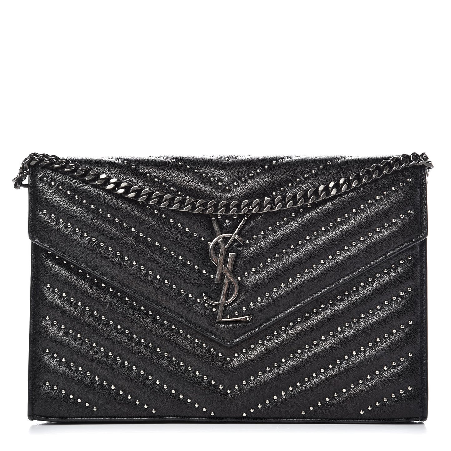 Grain De Poudre Matelasse Chevron Studded Monogram Chain Wallet Black