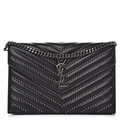 Saint Laurent Grain De Poudre Matelasse Chevron Studded Monogram Chain Wallet Black 1 of 7