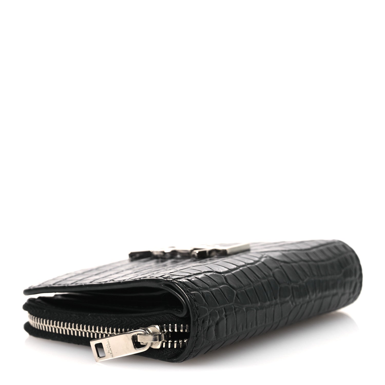 Saint Laurent Calfskin Crocodile Embossed Monogram Compact Wallet Black 4 of 9