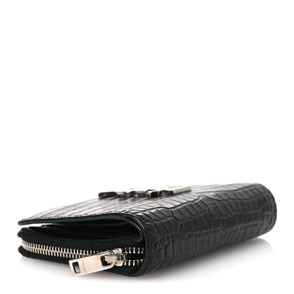 Saint Laurent Calfskin Crocodile Embossed Monogram Compact Wallet Black 4 of 9