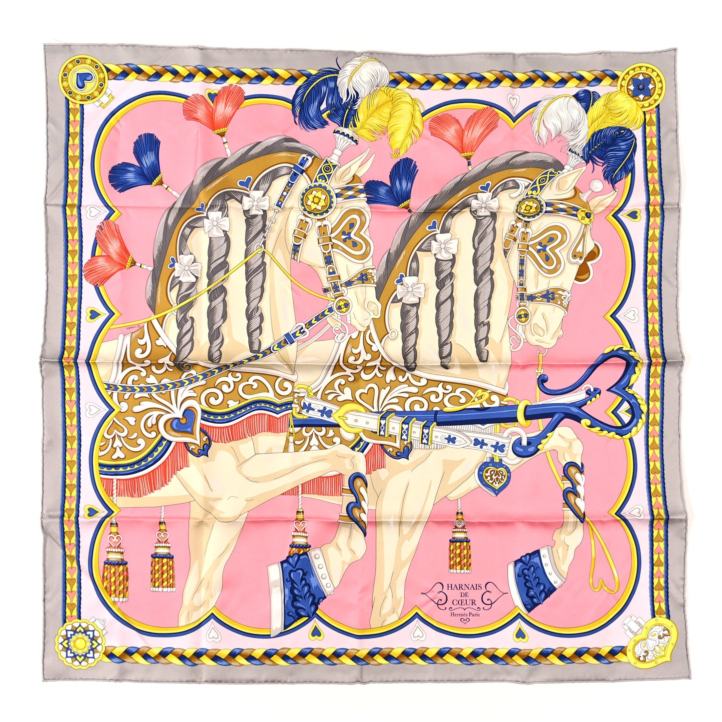 Silk Harnais De Cour Scarf 90 Gris Perle Rose Bonbon Bleu