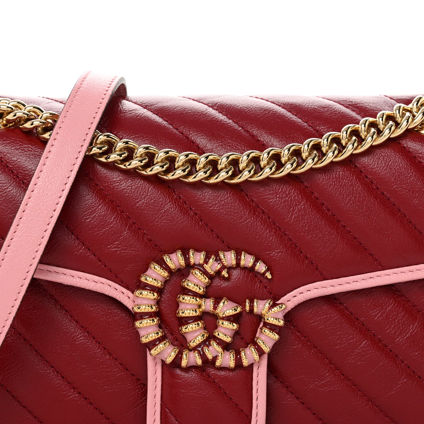 Azalea Calfskin Enamel Matelasse Diagonal Small Torchon GG Marmont Shoulder Bag New Cherry Red Wild Rose
