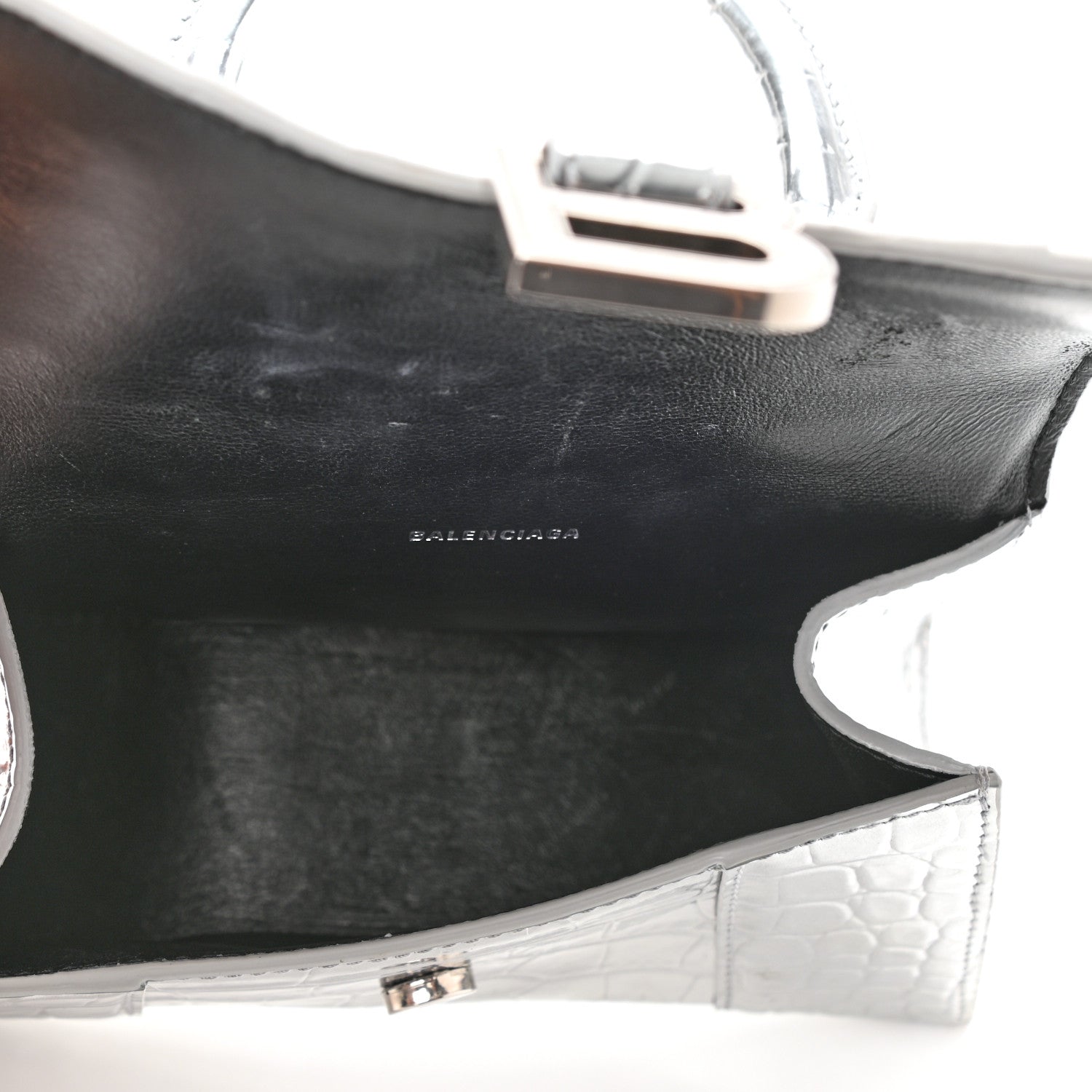 Balenciaga Metallic Calfskin Crocodile Embossed Hourglass Top Handle Bag XS Silver 5 of 8